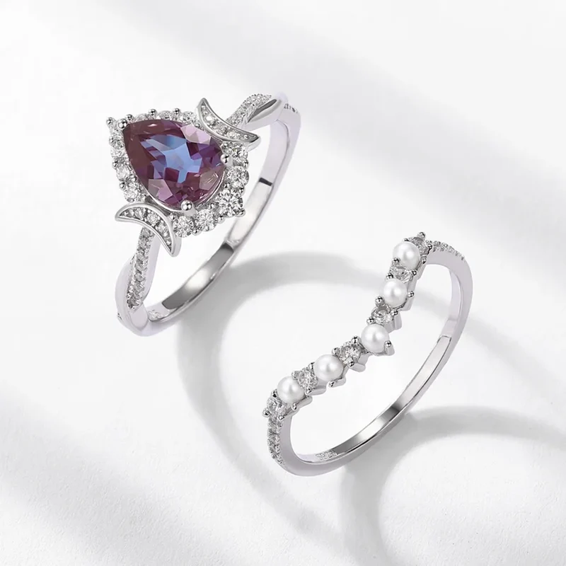 Alexandrite and pearl ring with diamond cz sterling silver ring set