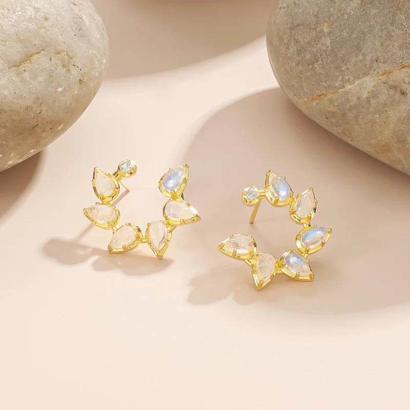 Cluster stud earrings with natural moonstones and blue topaz bridal cluster earrings