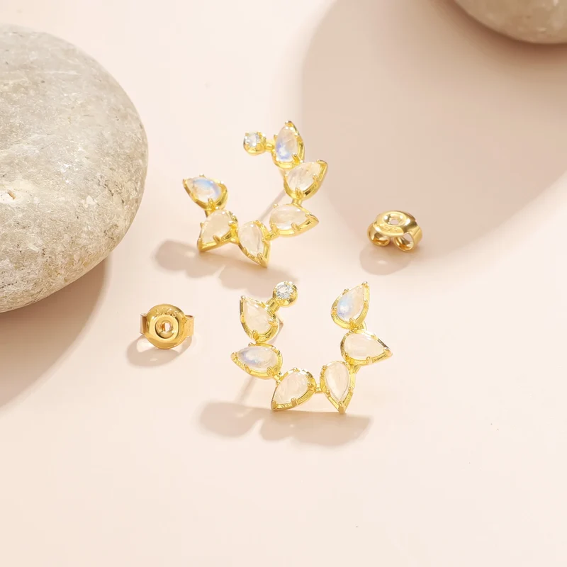 Cluster stud earrings with natural moonstones and blue topaz bridal cluster earrings