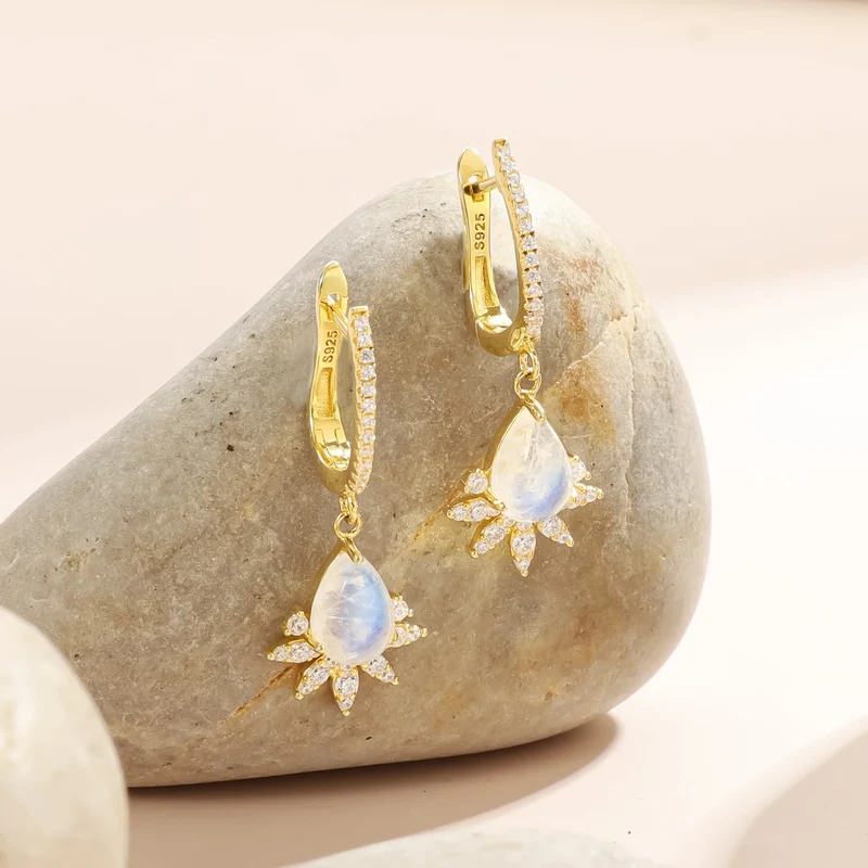 Moonstone hoop earrings with clear diamond cz stones moonstone dangle earrings