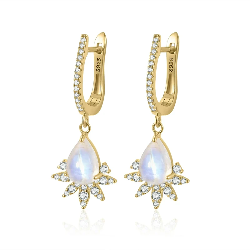 Moonstone hoop earrings with clear diamond cz stones moonstone dangle earrings