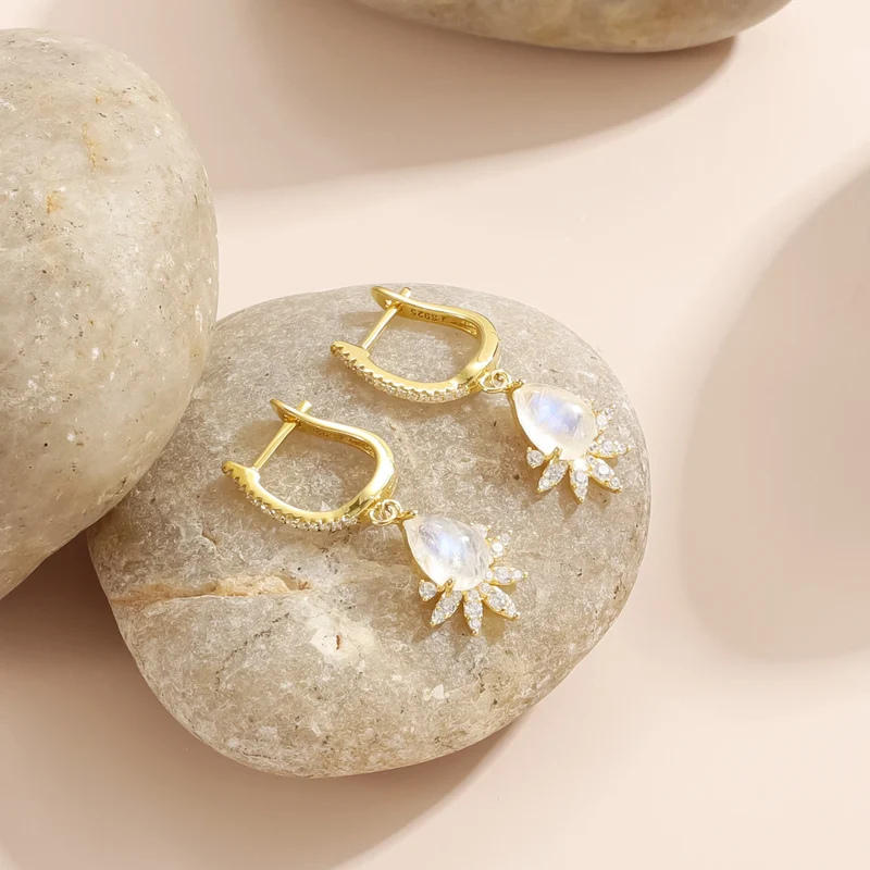 Moonstone hoop earrings with clear diamond cz stones moonstone dangle earrings