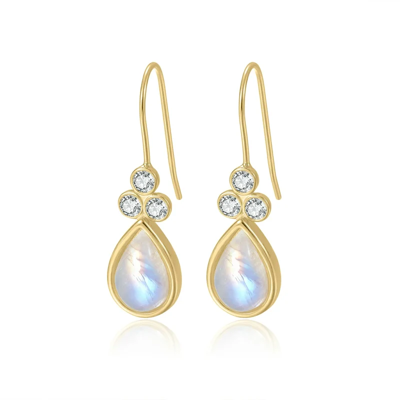 Gold moonstone earrings with teardrop moonstones and three clear diamond cz stones