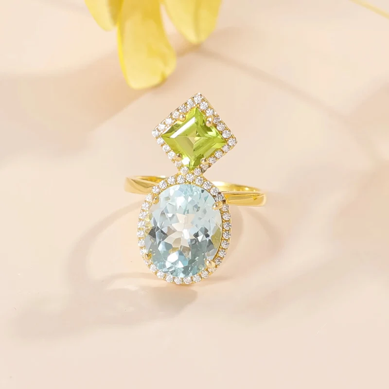 Blue topaz and peridot ring with two large gemstones unique engagement ring