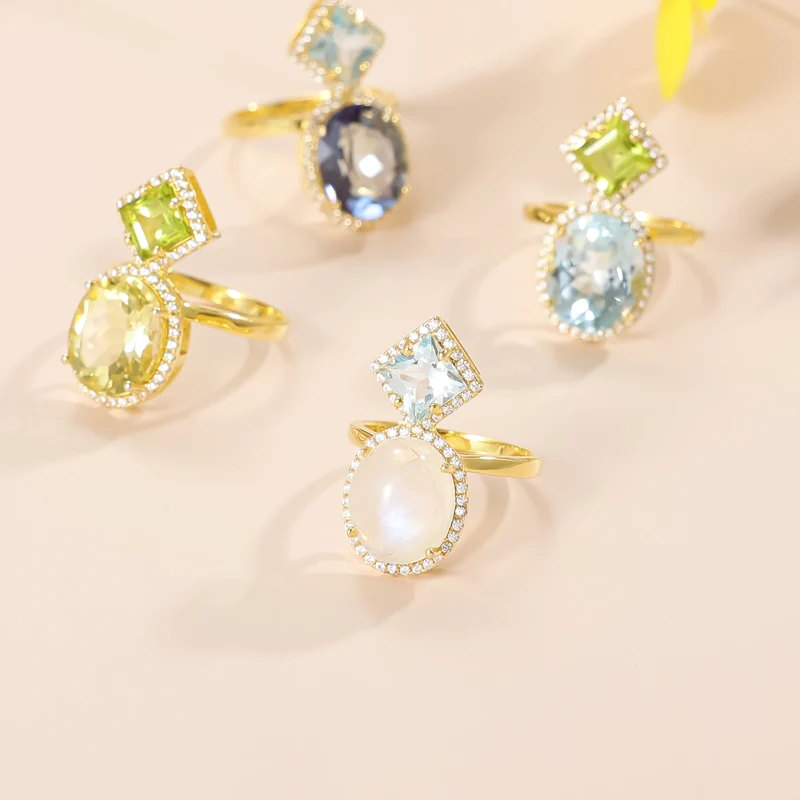 Blue topaz and peridot ring with two large gemstones unique engagement ring