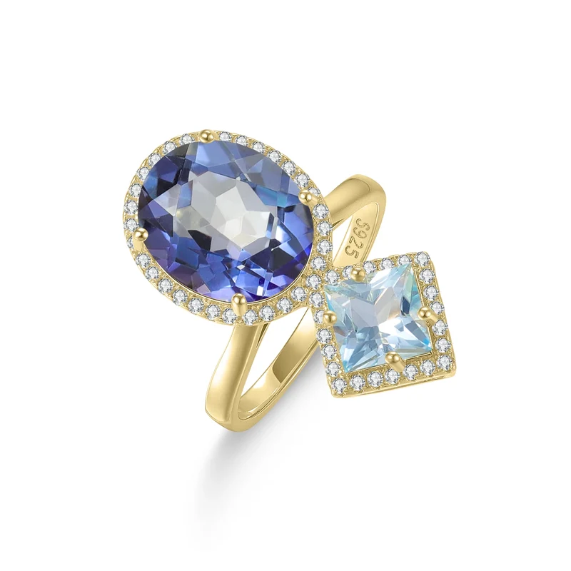 Blue mystic quartz ring with blue topaz two stone engagement ring