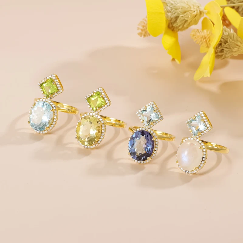 Blue mystic quartz ring with blue topaz two stone engagement ring