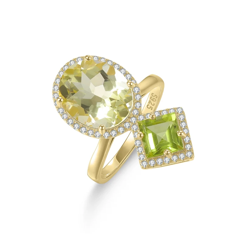 Lemon citrine engagement ring with green peridot and clear cz cocktail ring two stone ring