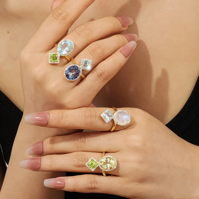 Lemon citrine engagement ring with green peridot and clear cz cocktail ring two stone ring