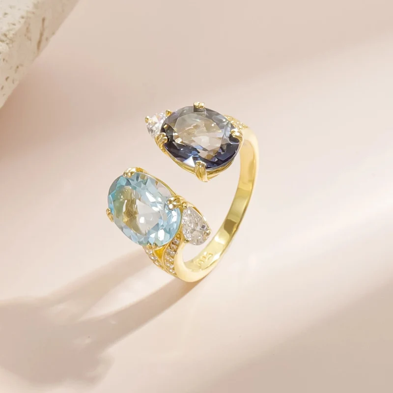 Toi et moi ring you and me ring with blue topaz and mystic quartz unique anniversary ring
