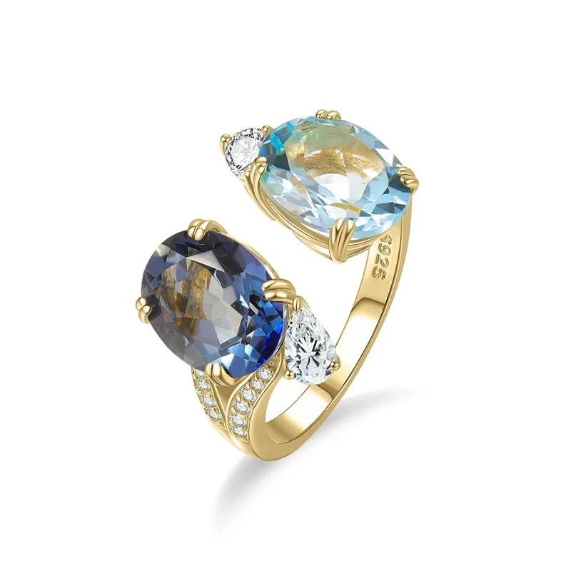 Toi et moi ring you and me ring with blue topaz and mystic quartz unique anniversary ring