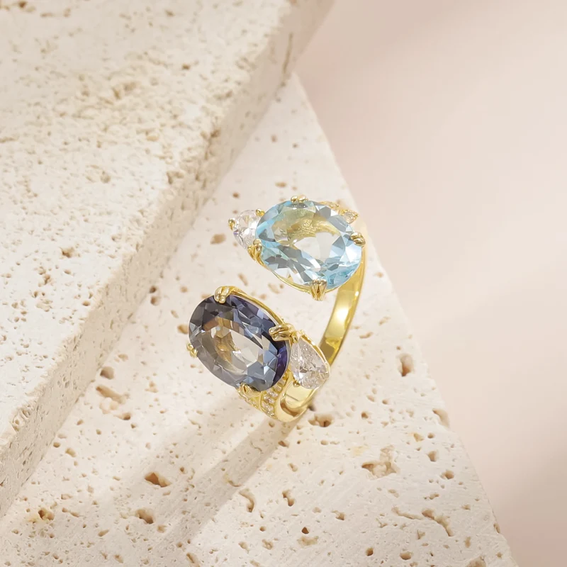 Toi et moi ring you and me ring with blue topaz and mystic quartz unique anniversary ring