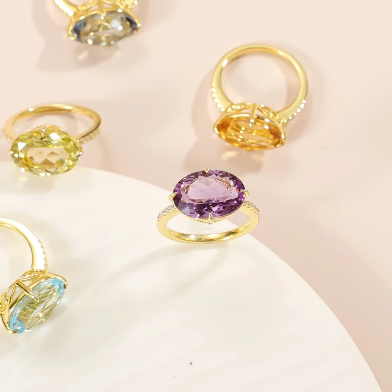 Cocktail rings with large oval gemstones amethyst topaz citrine lemon quartz mystic quartz