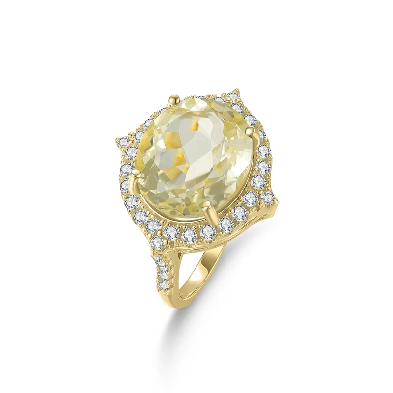 Lemon citrine ring engagement ring with a large yellow citrine and clear cz cocktail ring