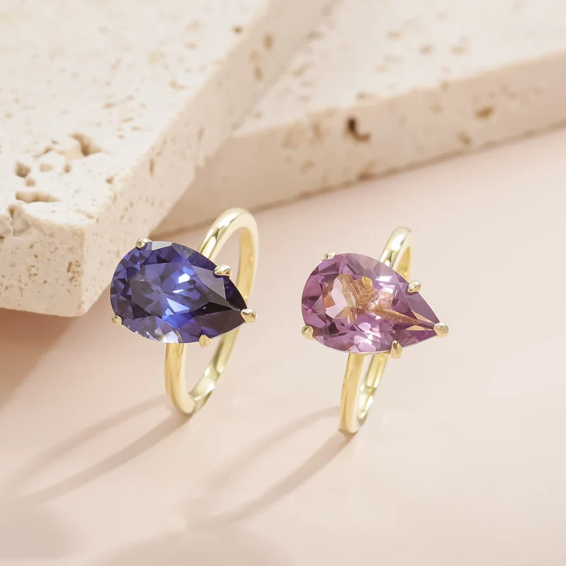 Gold amethyst ring with a large teardrop amethyst stone birthstone ring solitaire engagement ring