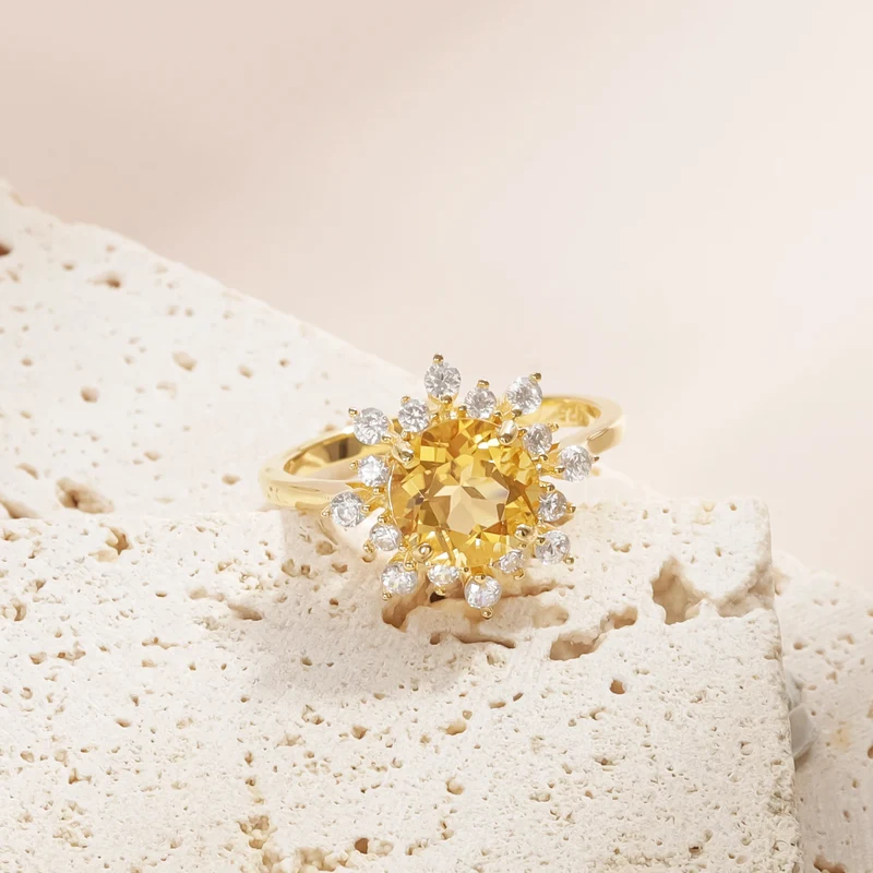 Gold citrine ring with a large yellow citrine and cz citrine cocktail ring engagement ring cluster ring