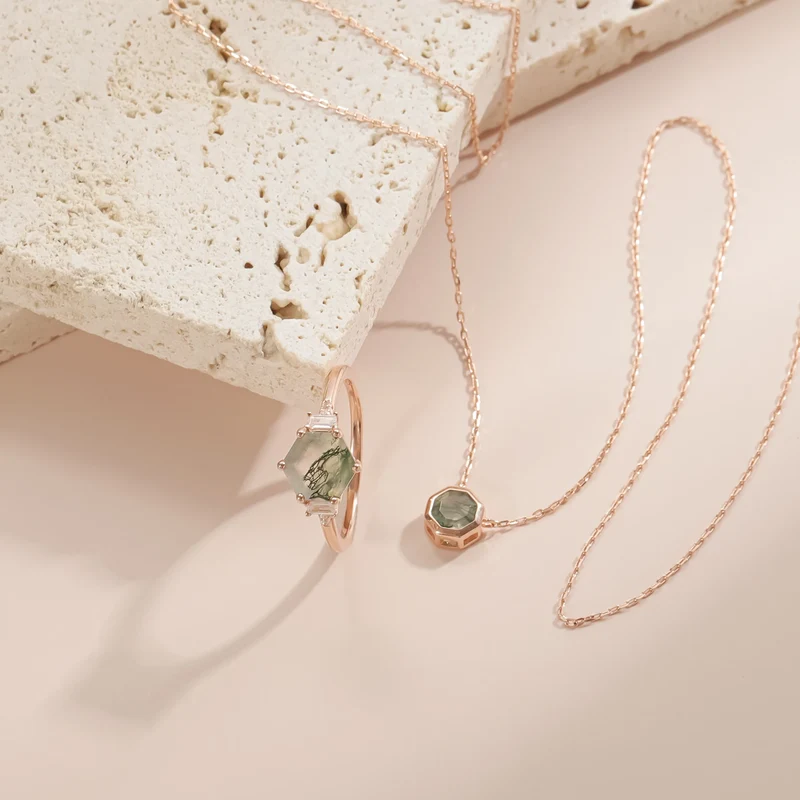 Moss agate ring with a hexagon moss agate rose gold women's moss agate ring
