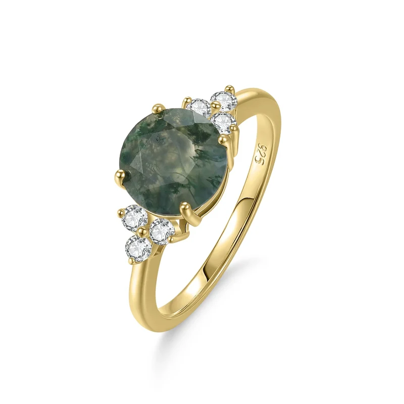 Moss agate ring with a round moss agate and three cz on each side gold promise ring