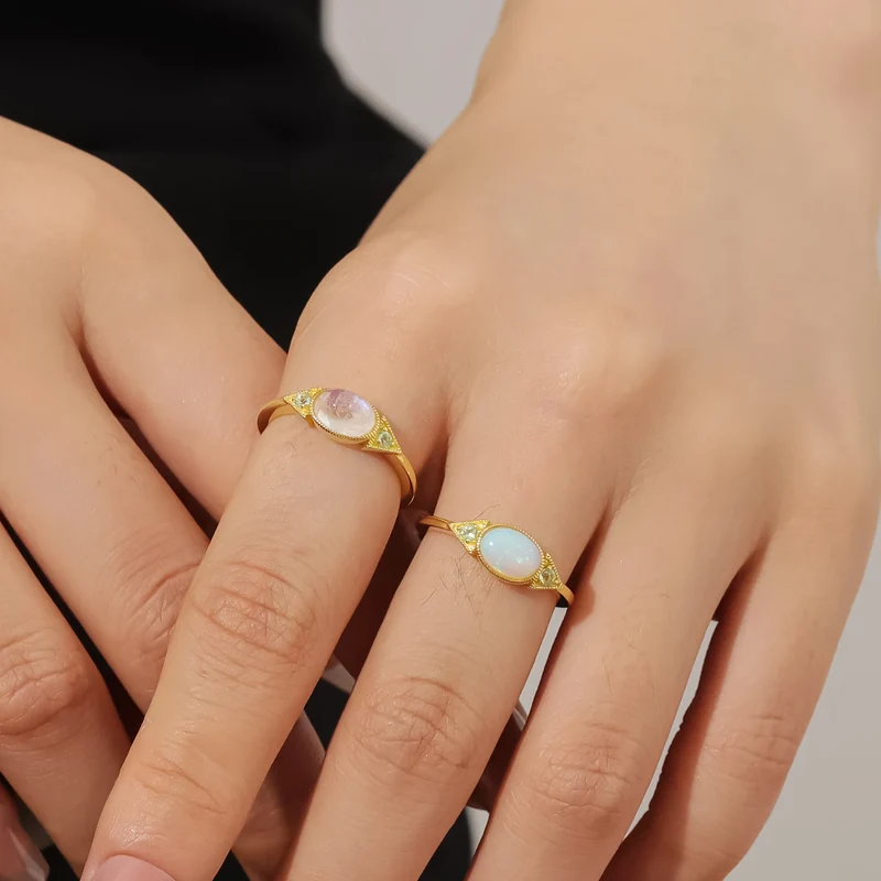 Moonstone stacking ring with green peridot Art Deco