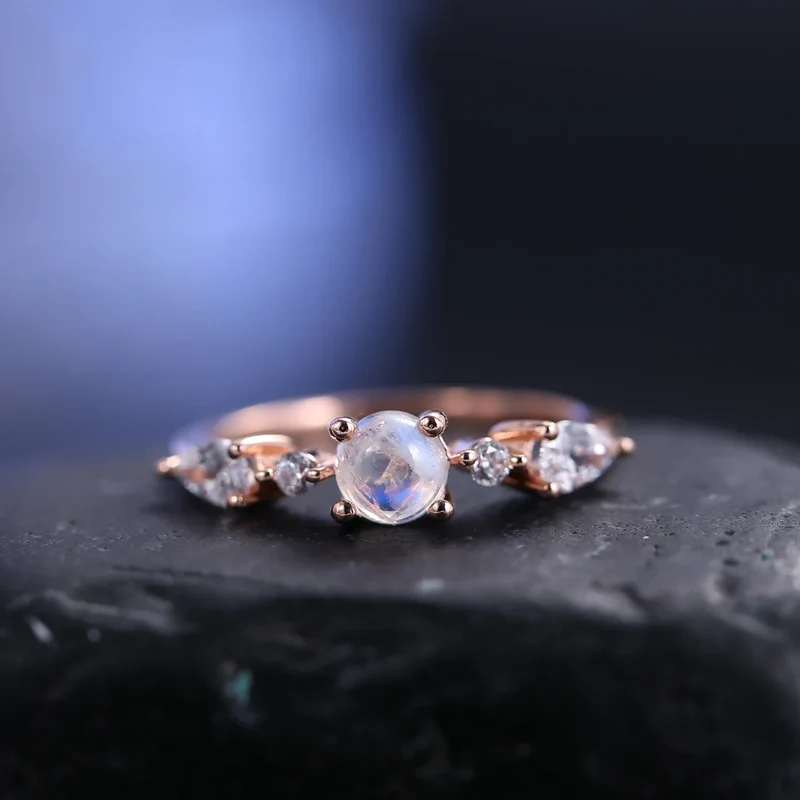 Women's moonstone ring rose gold with small round moonstones romantic ring for her