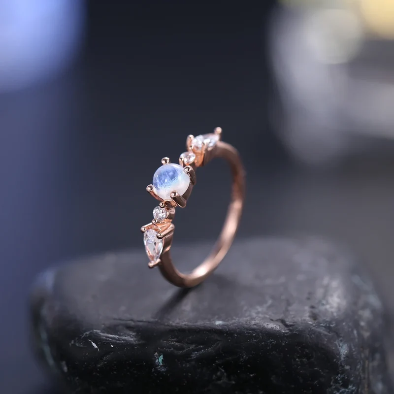 Women's moonstone ring rose gold with small round moonstones romantic ring for her