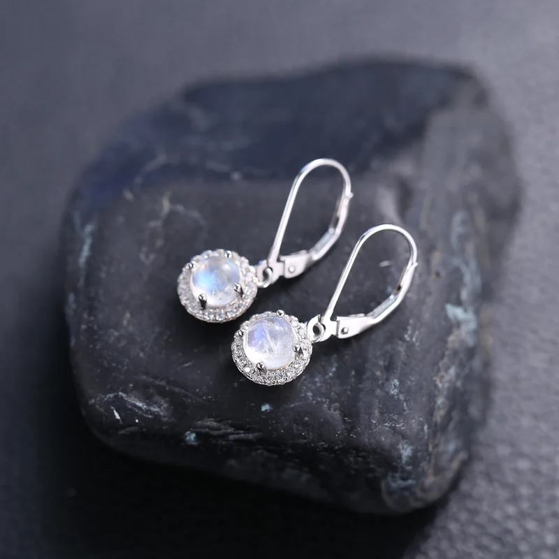 Moonstone dangle earrings with round moonstones and clear cz womens drop earrings