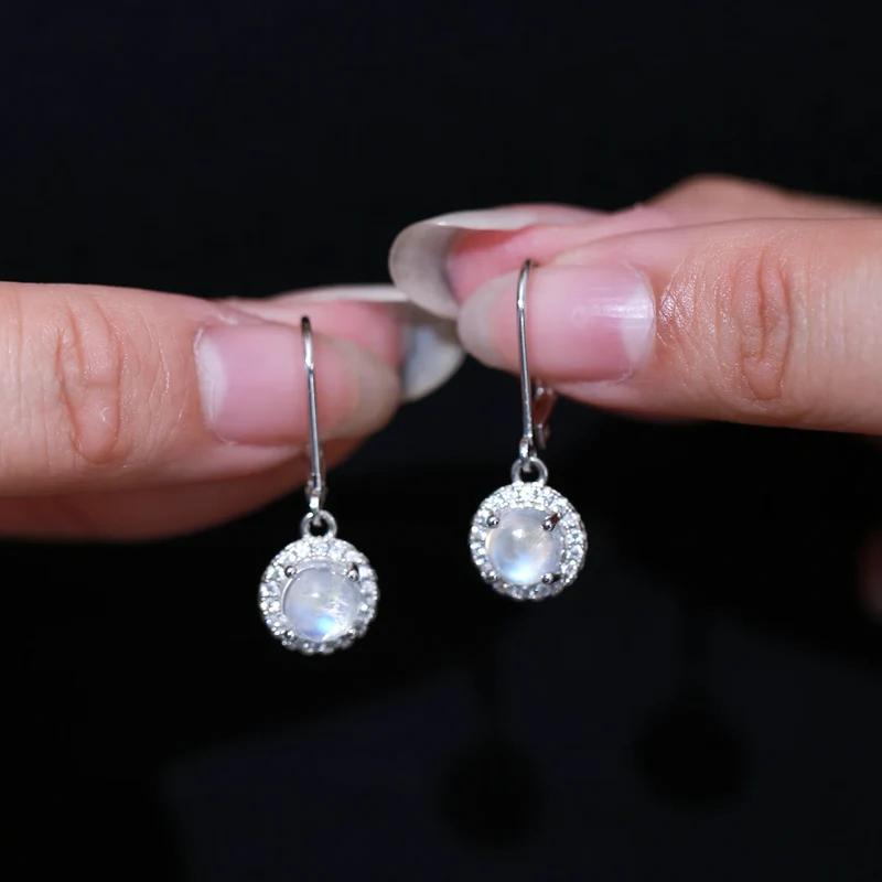 Moonstone dangle earrings with round moonstones and clear cz womens drop earrings