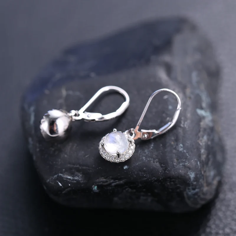 Moonstone dangle earrings with round moonstones and clear cz womens drop earrings
