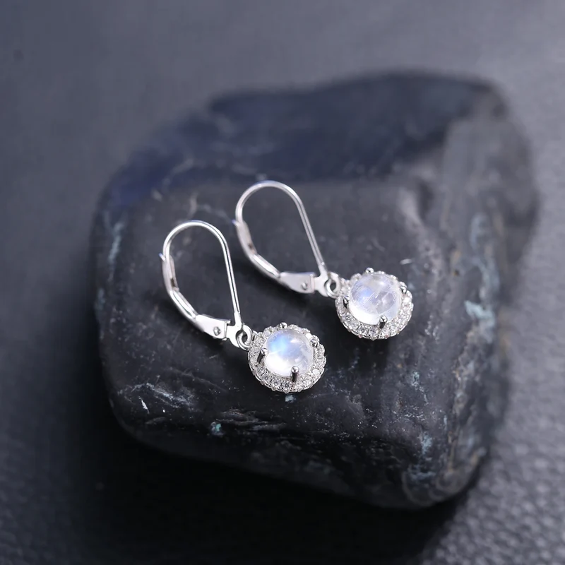 Moonstone dangle earrings with round moonstones and clear cz womens drop earrings