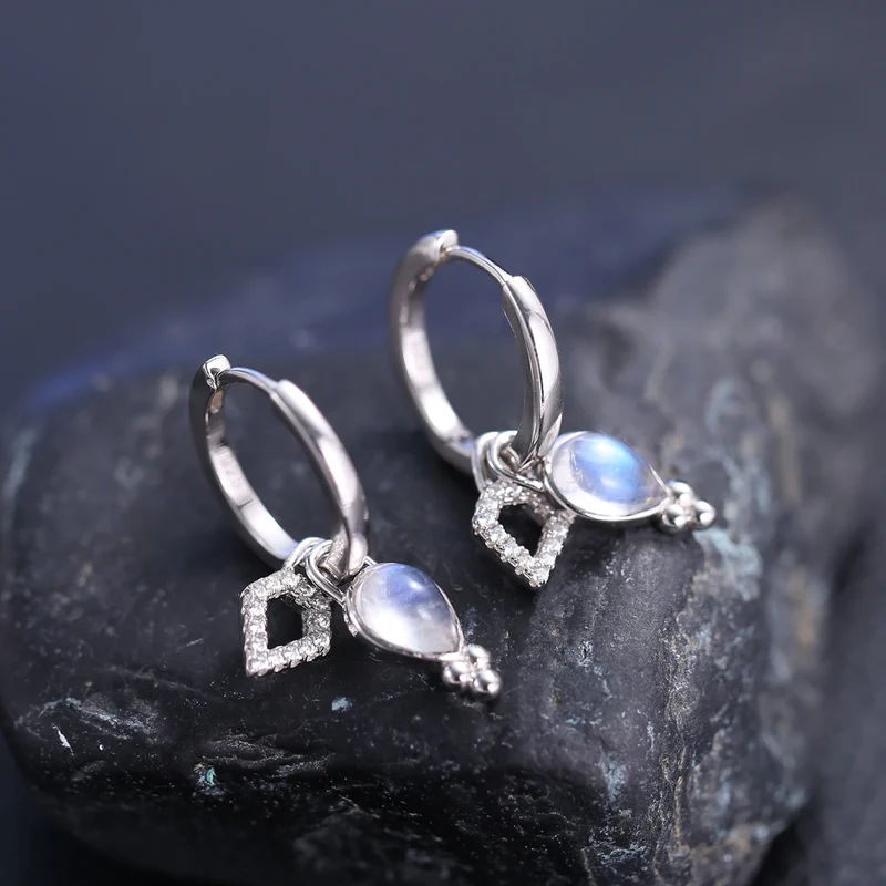 Moonstone drop earrings with teardrop moonstones three dots and cz short hoop earrings