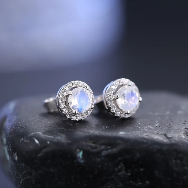 Moonstone earrings with round moonstones and clear cz silver stud earrings push back earrings