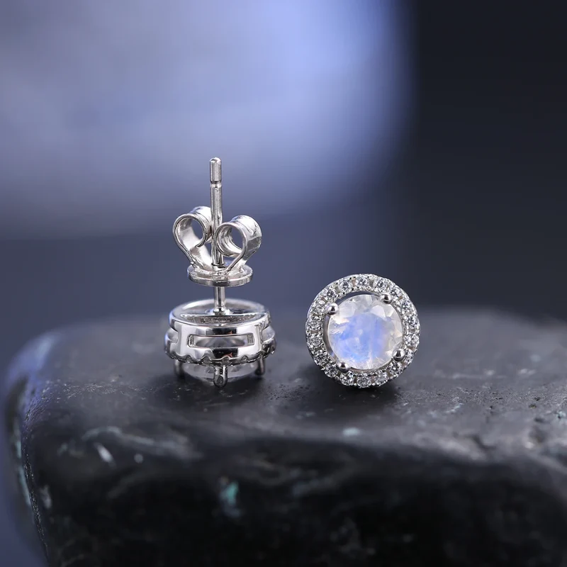 Moonstone earrings with round moonstones and clear cz silver stud earrings push back earrings