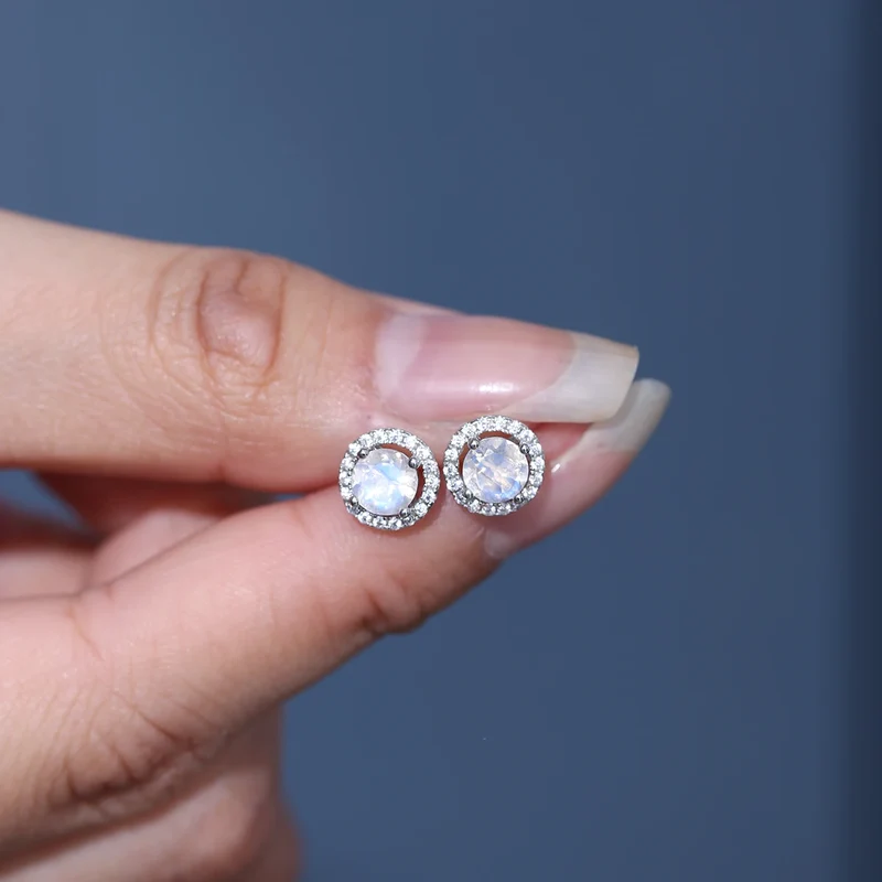 Moonstone earrings with round moonstones and clear cz silver stud earrings push back earrings