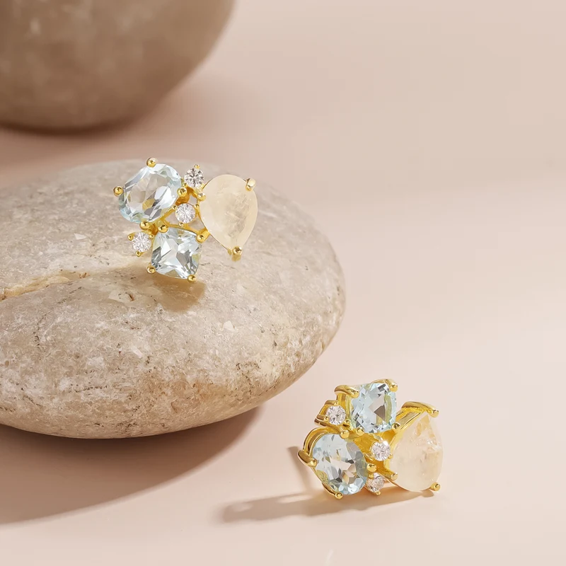 Moonstone gemstone earrings with blue topaz gold and moonstone earrings women's stud earrings