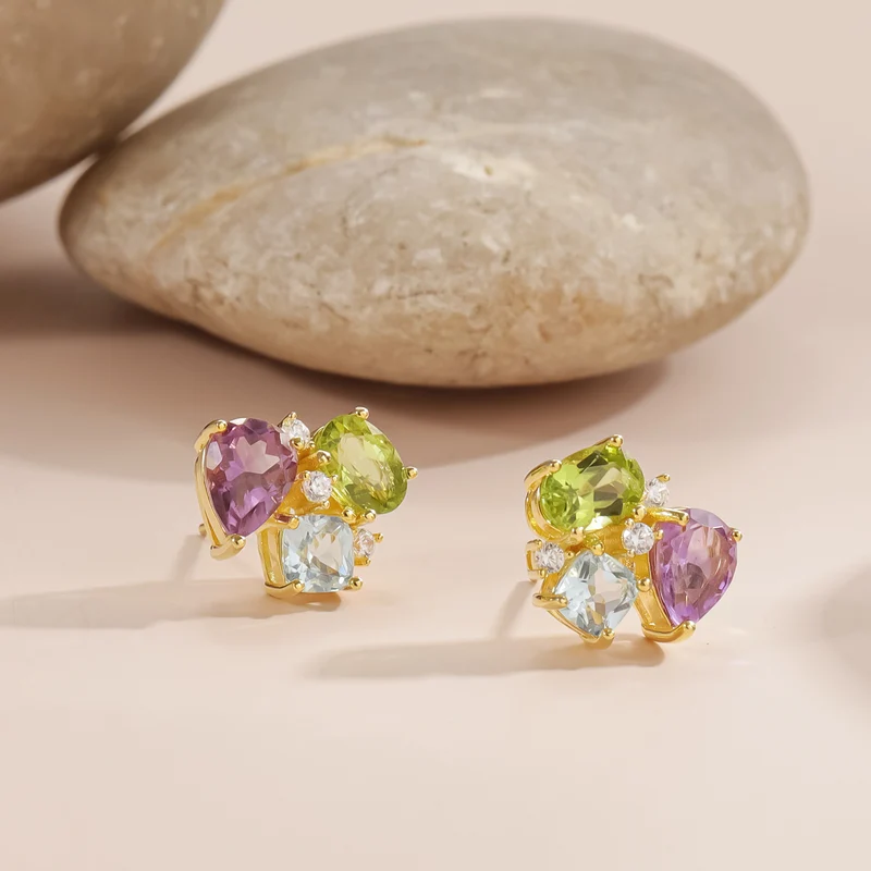 Colorful stud earrings with purple amethyst green olivine and blue topaz fun earrings gemstone earrings