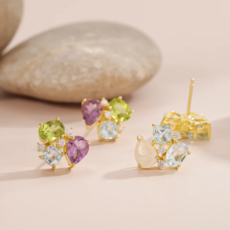 Colorful stud earrings with purple amethyst green olivine and blue topaz fun earrings gemstone earrings