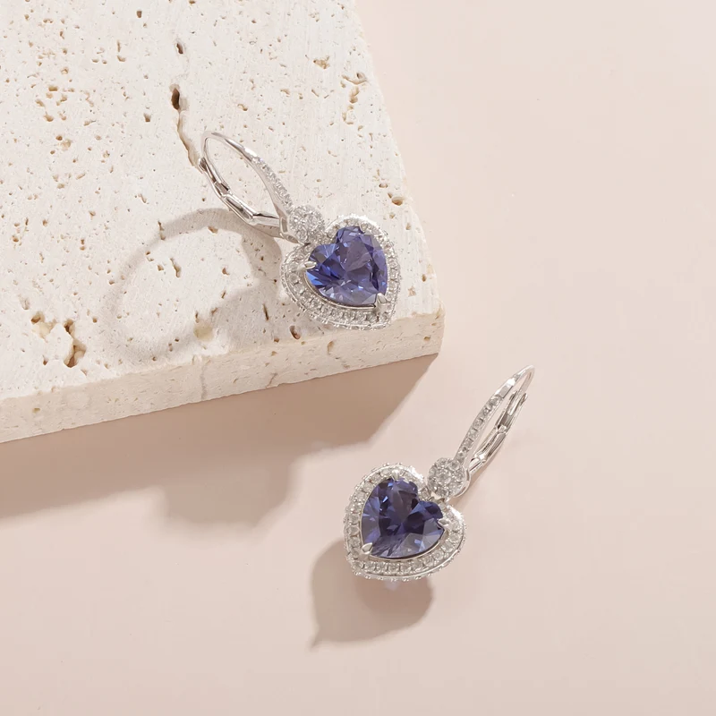 Blue sapphire heart earrings birthstone earrings silver dangle hoop earrings for women vintage-style