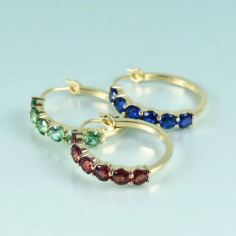 Eternity earrings with six clear red blue green diamond cz in gold big hoop earrings