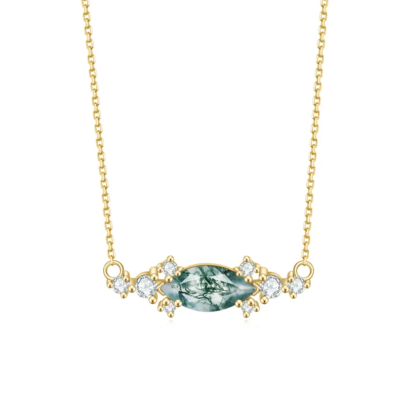 Moss agate pendant necklace with a marquise stone rose gold necklace