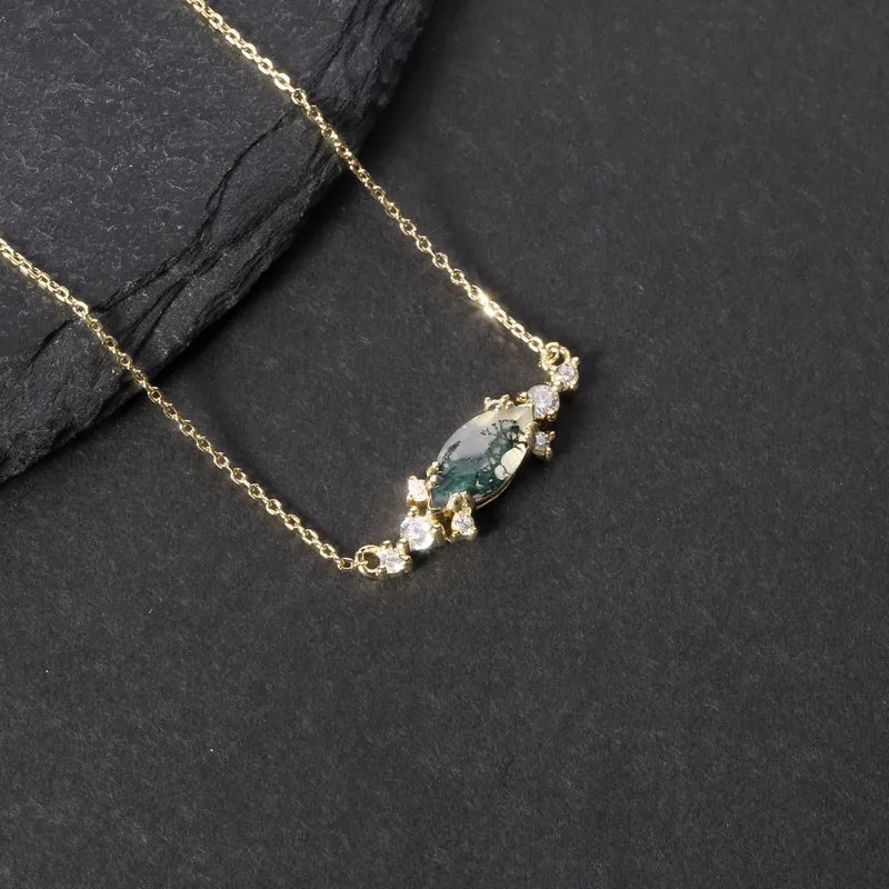 Moss agate pendant necklace with a marquise stone rose gold necklace