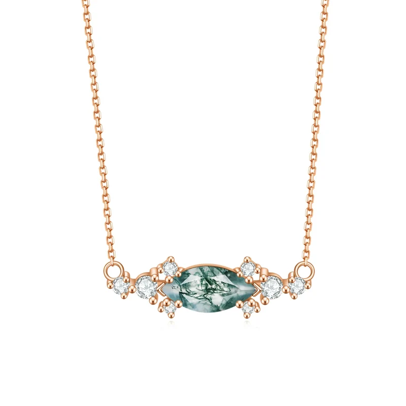 Moss agate pendant necklace with a marquise stone rose gold necklace