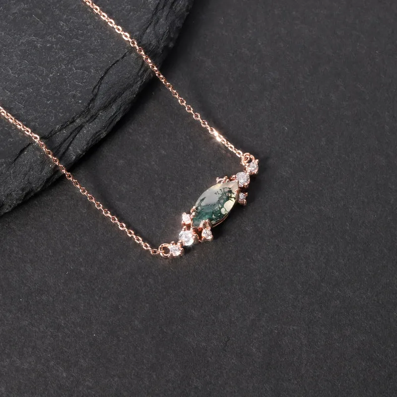 Moss agate pendant necklace with a marquise stone rose gold necklace