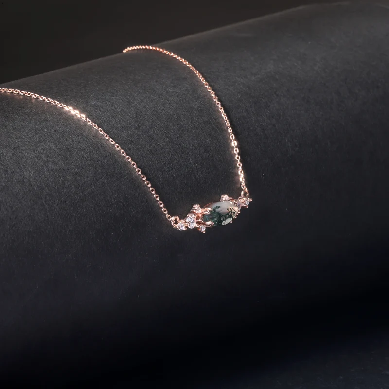 Moss agate pendant necklace with a marquise stone rose gold necklace