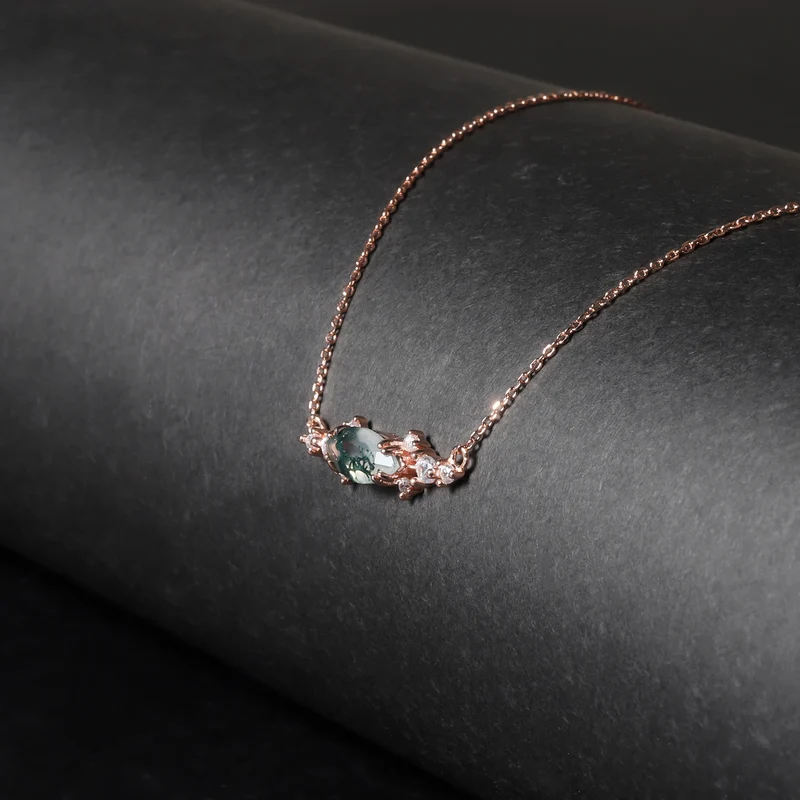 Moss agate pendant necklace with a marquise stone rose gold necklace