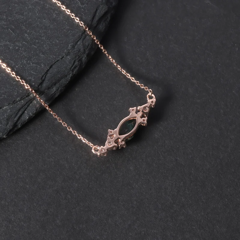 Moss agate pendant necklace with a marquise stone rose gold necklace