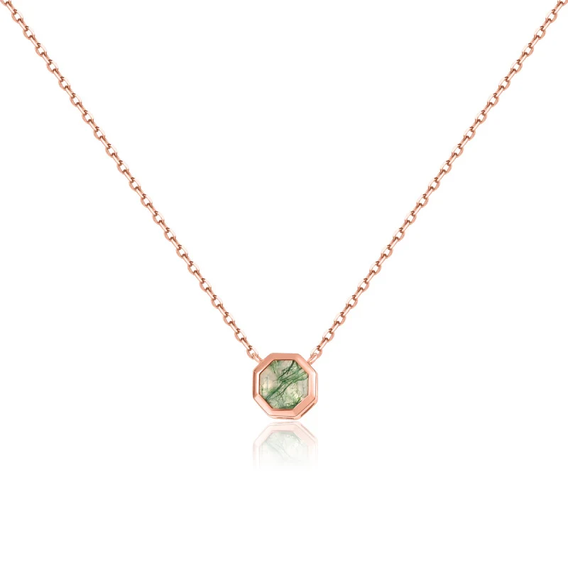 Moss agate necklace rose gold tiny and dainty in a hexagon shape