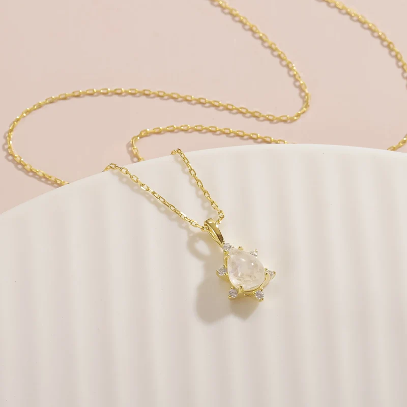 Moonstone pendant necklace teardrop with diamond cz stones mama necklace