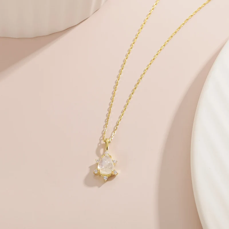 Moonstone pendant necklace teardrop with diamond cz stones mama necklace