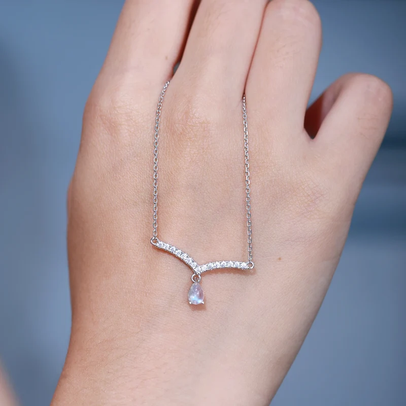 V-shape moonstone necklace curved bar necklace gift for her birthstone necklace