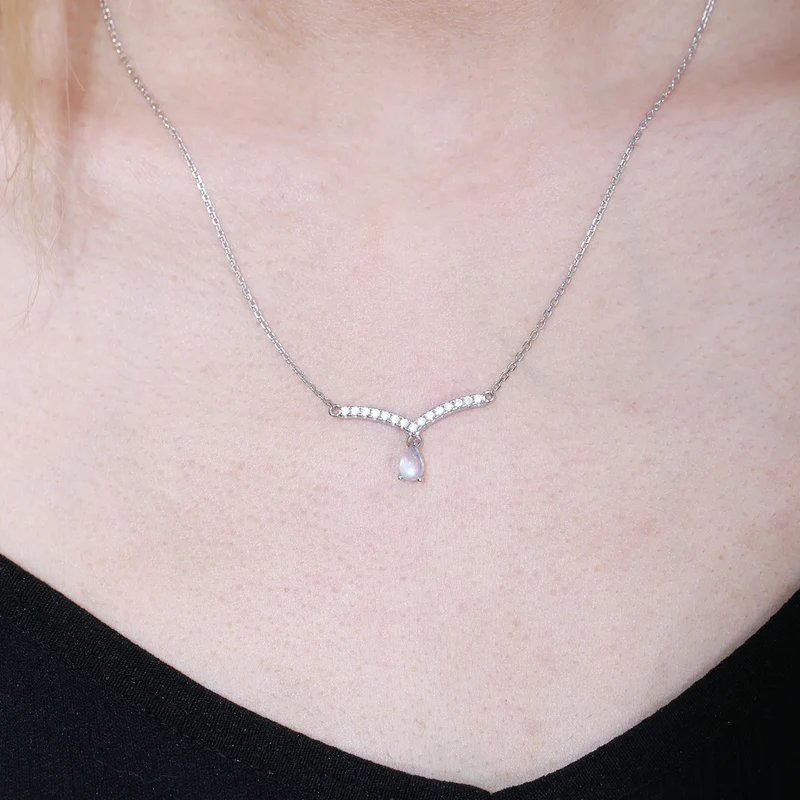 V-shape moonstone necklace curved bar necklace gift for her birthstone necklace